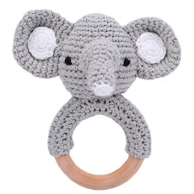 Вязаная погремушка на деревянном колечке Слоник