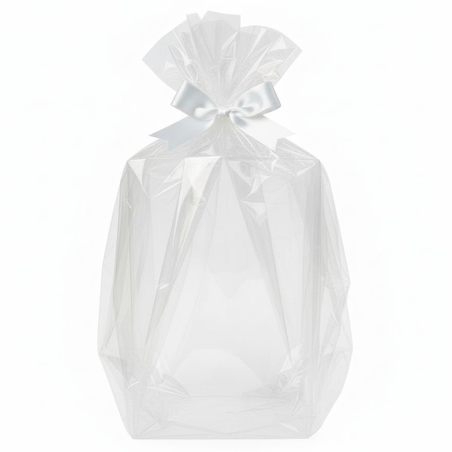 Прозрачная упаковка с бантом и биркой