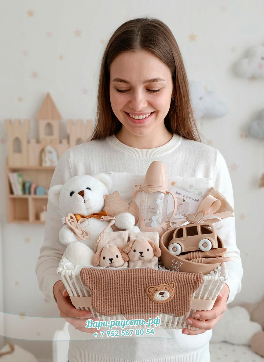 Корзина «Белый мишка» 30×20×15 см — подарочный набор новорождённому малышу 17 предметов