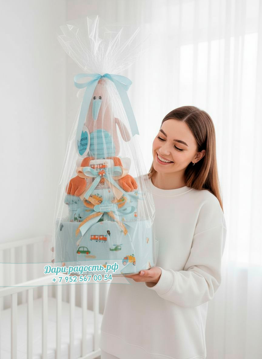 Большой торт из памперсов "Птенчик и машинки"